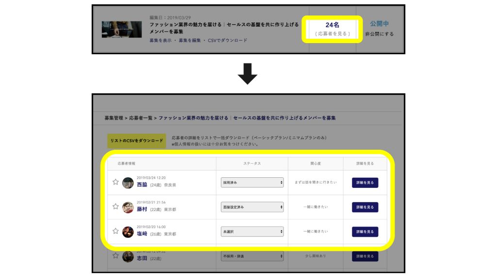 応募者一覧ページ